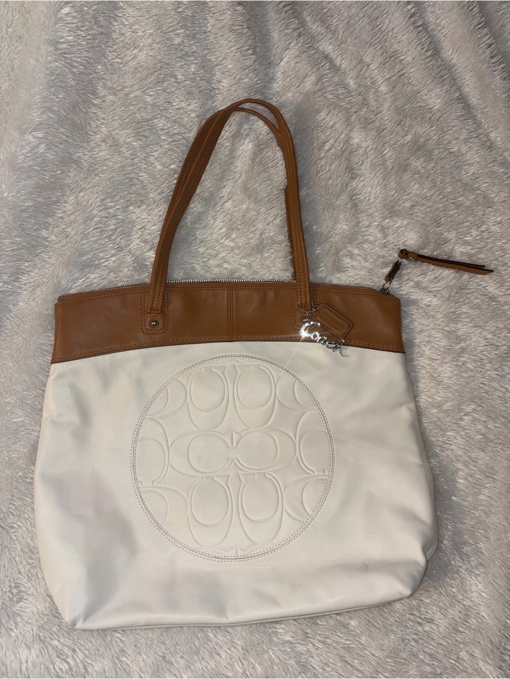 Coach White Tote with Tan Leather Trim and Signature Medallion